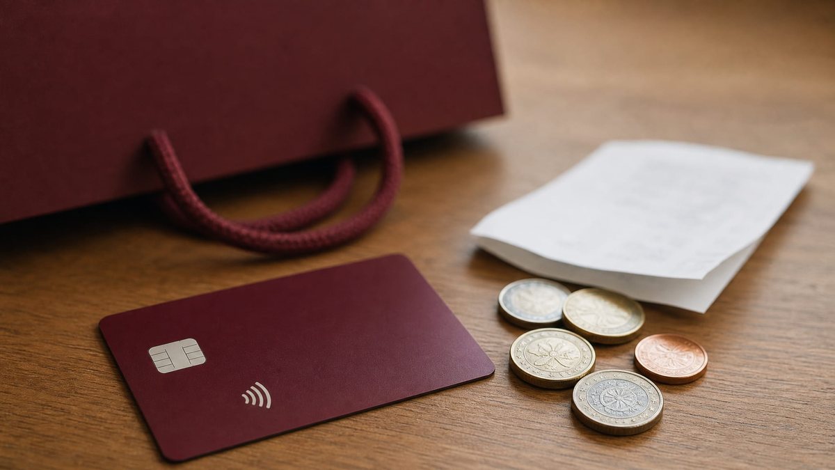 Carte de paiement et pièces de monnaie illustrant le remboursement d’une partie d’un achat par cashback