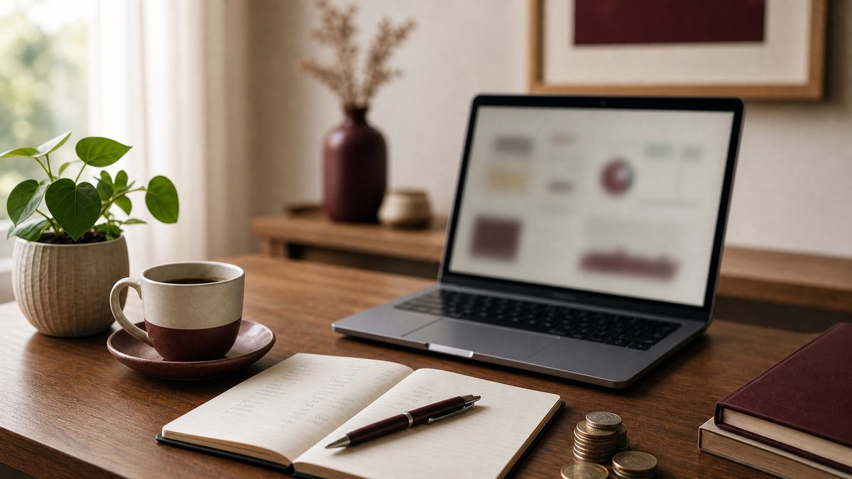 Bureau à domicile avec ordinateur portable et carnet de comptes, illustrant les revenus complémentaires en ligne